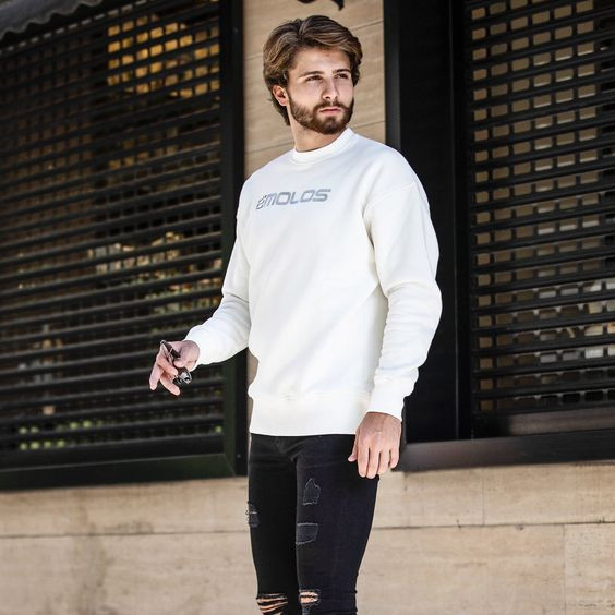 White Sweatshirt, Winter Fashion Wear With Black Casual Trouser: 