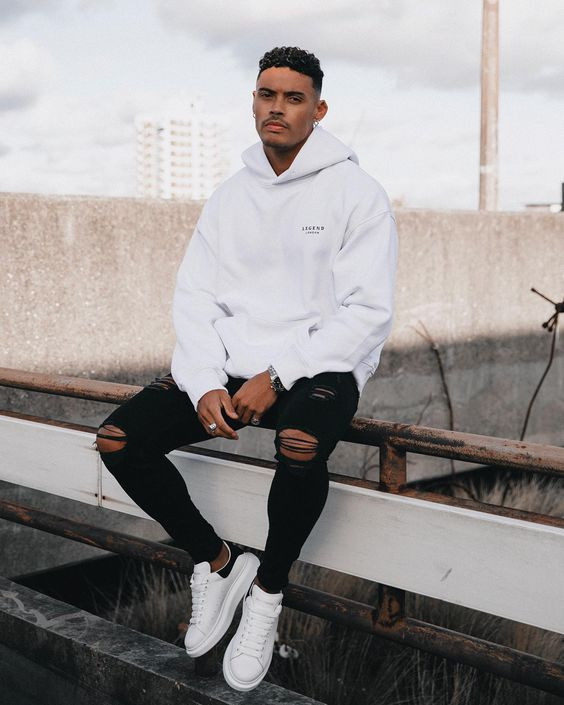 White Hoody, Winter Attires Ideas With Black Casual Trouser, Hoodie styles: 