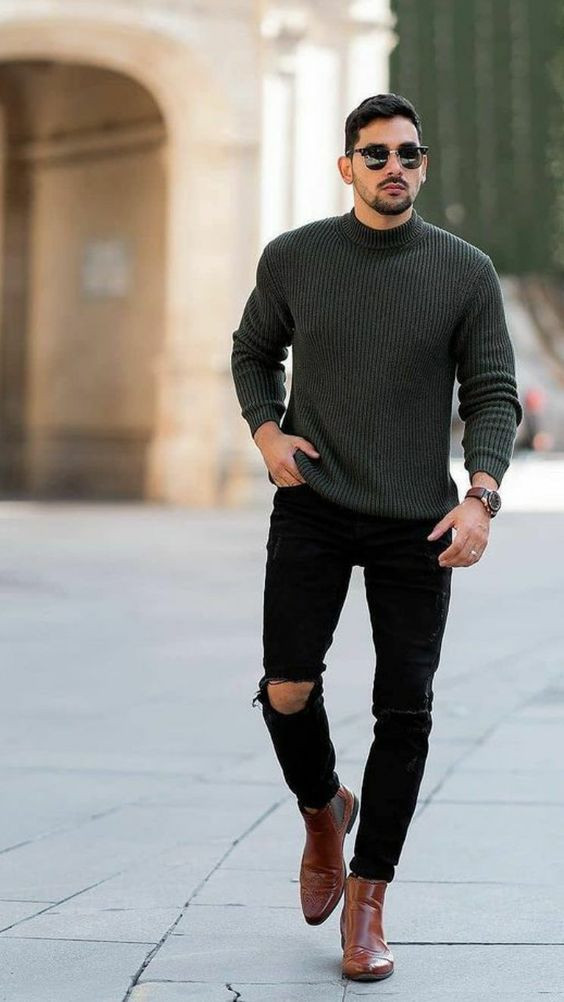 Black Suit Trouser, Fashion Tips With Grey Sweater, Brown Leather Chelsea Boots Outfit: 