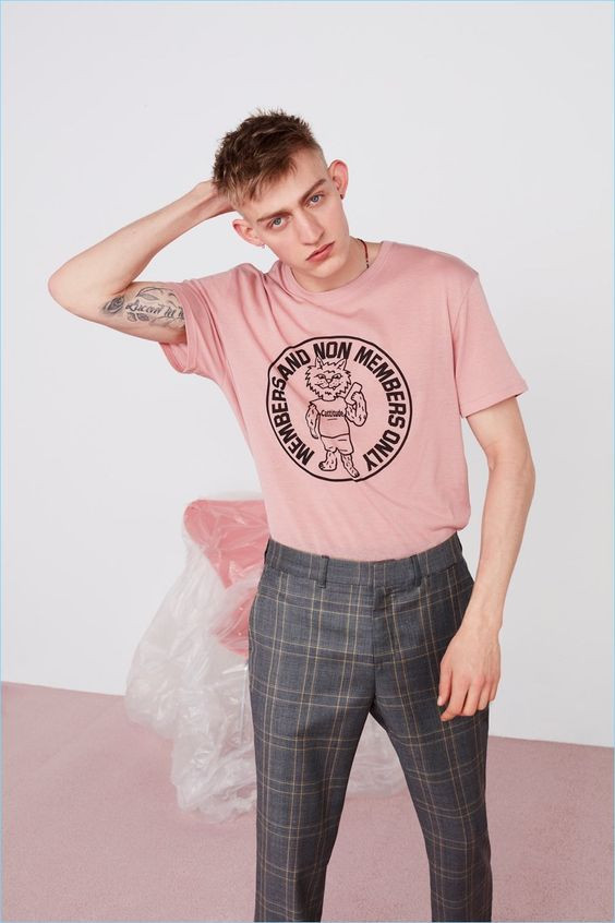 Pink T-shirt, Men's Pastel Wardrobe Ideas With Grey Formal Trouser, Men's Pink Fashion: 