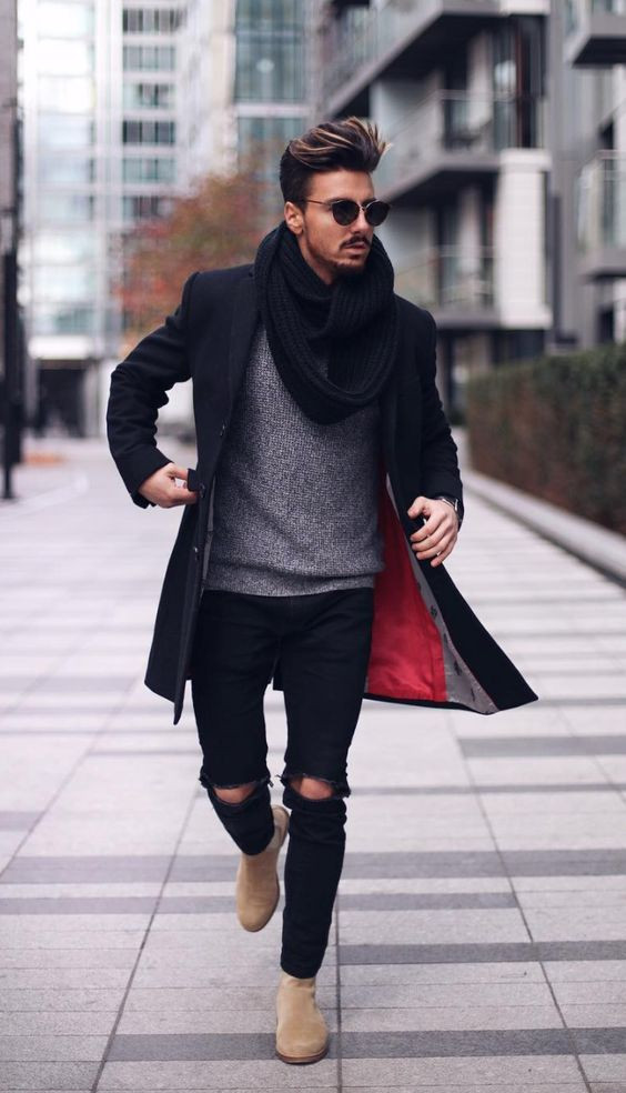 Black Wool Coat, Chelsea Boots Fashion Tips With Black Casual Trouser, Night Out Outfit Men Winter: 