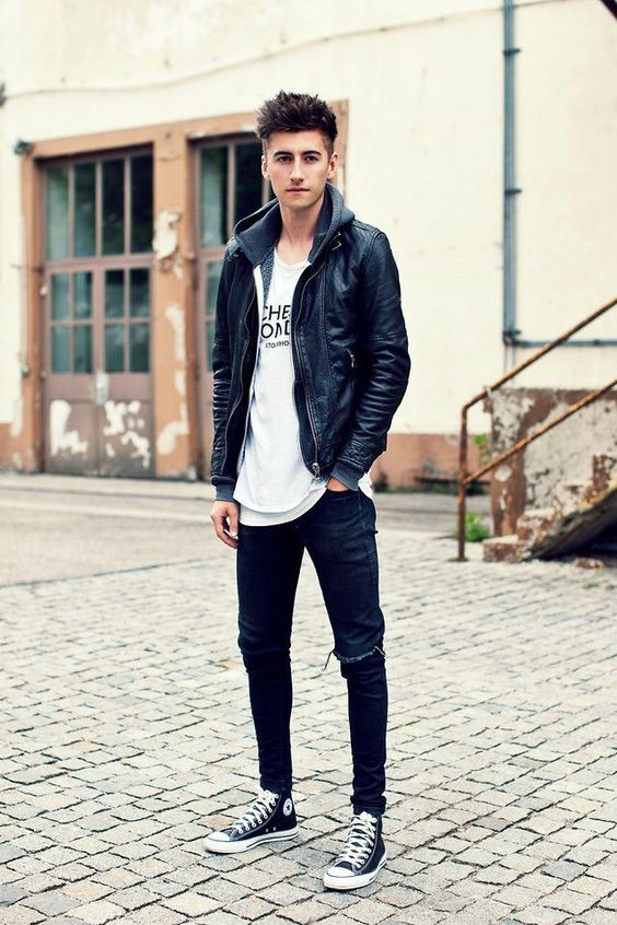 Black Racer Jacket, Camping Fashion Tips With Dark Blue And Navy Jeans, Black Converse Outfits Men's: 