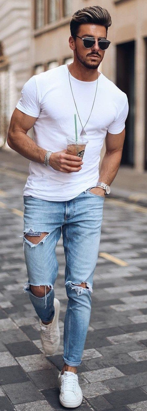 Light Blue Jeans, Ripped Jeans Fashion Tips With White T-shirt, Wear T Shirt Men: 
