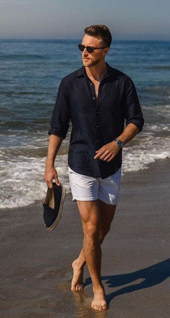 White Suit Trouser, Shorts Fashion Wear With Dark Blue And Navy Shirt, Men's Beach Shoes 2022: 