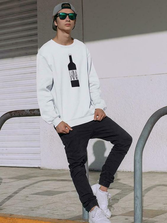 White Sweatshirt, Winter Fashion Outfits With Black Casual Trouser, Crew Neck: 