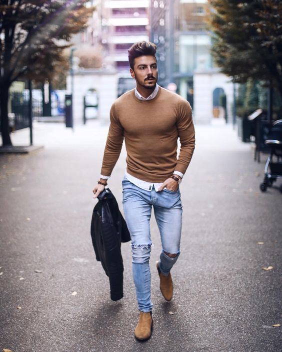 Black Jackets And Coat, Chelsea Boots Fashion Trends With Light Blue Casual Trouser, Trending Style For Men: 