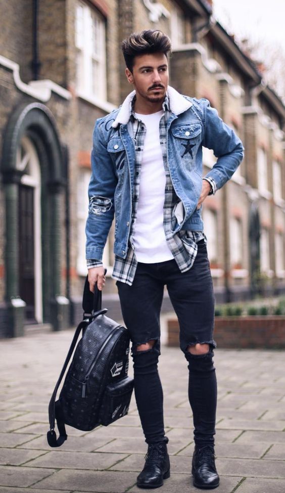 Dark Blue And Navy Casual Trouser, Ripped Jeans Fashion Trends With Light Blue Pilot Jacket, 90s Fashion Men: 