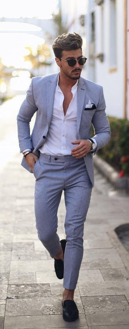 Purple And Violet Suit Jackets Tuxedo, Blazer Outfits Ideas With Grey Suit Trouser, Summer Wedding Suit: 