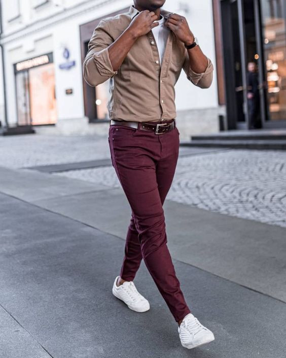 Purple And Violet Cargo, College Clothing Ideas With Beige Bomber Jacket, Burgundy Outfit Men's: 