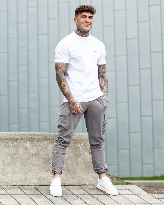 Grey Trouser, Men's Joggers Outfit Trends With White T-shirt, T Shirt ...