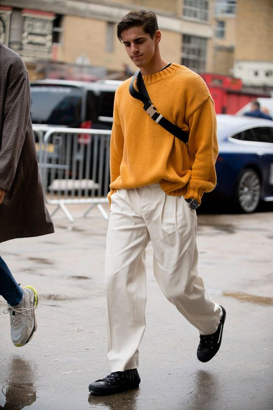 Yellow Sweater, Men's Winter Wardrobe Ideas With Beige Casual Trouser, Street Fashion Men: 
