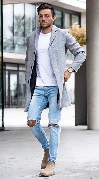 Grey Winter Coat, Chelsea Boots Fashion Outfits With Light Blue Casual Trouser, Men's Fashion Today: 
