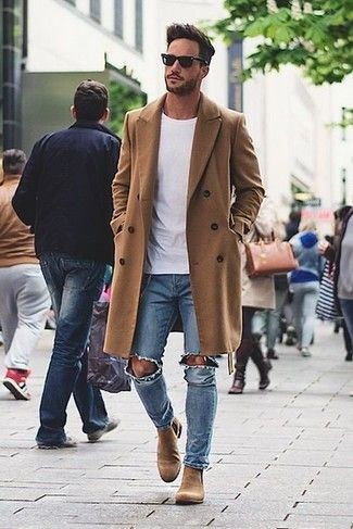 Dark Blue And Navy Jeans, Ripped Jeans Fashion Wear With Black Upper, Trench Coat Outfits Men's: 