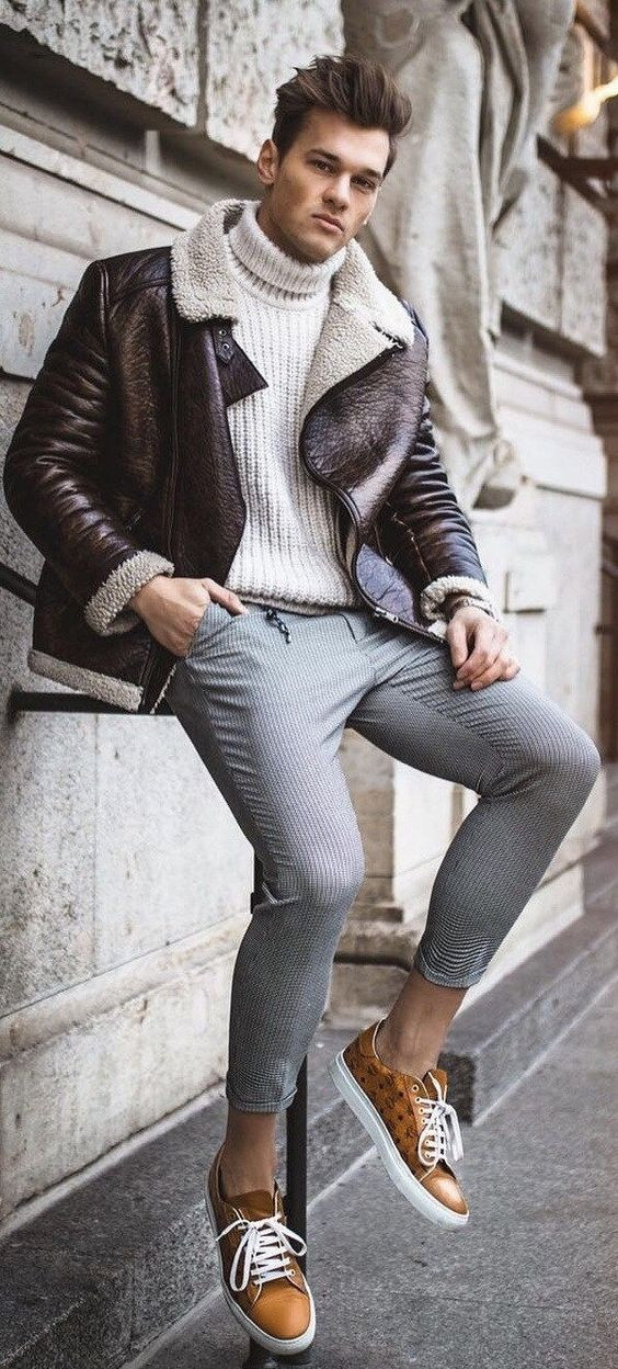 Brown Pilot Jacket, Turtleneck Outfits Ideas With Grey Formal Trouser, Fall Outfit Ideas Men: 