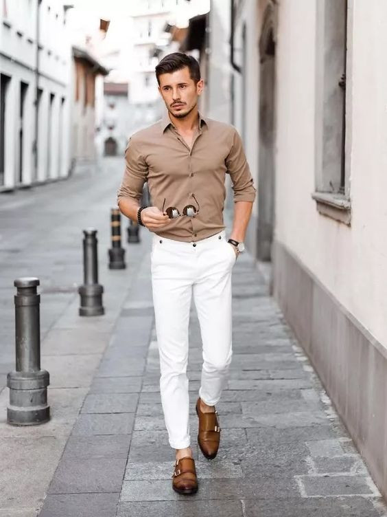 Beige Shirt, Formal Shirt Ideas With White Jeans, Casual Pant Shirt Combination: 