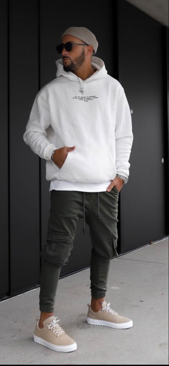 White Hoody, Winter Outfit Trends With Grey Casual Trouser, White Hoodie Men Style: 