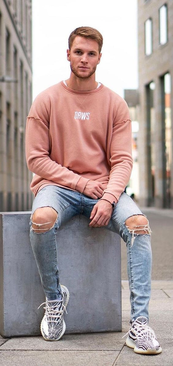 Light Blue Casual Trouser, Ripped Jeans Fashion Wear With Pink Sweatshirt, Peach Outfit Men: 