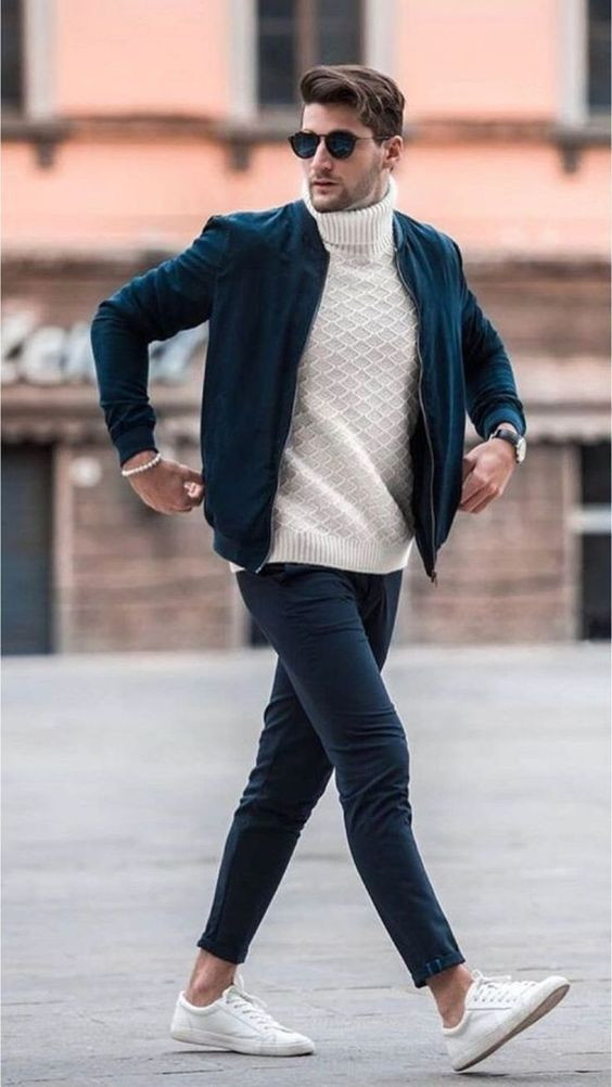 Dark Blue And Navy Harrington Jacket, Turtleneck Outfit Trends With Dark Blue And Navy Casual Trouser, Smart Casual Men's Outfits: 