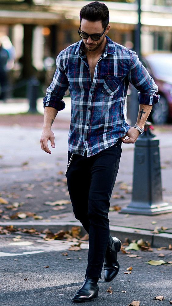 Denim Shirt, Men Shirts Outfits Ideas With Black Jeans, Check Shirt Men's Outfit: 