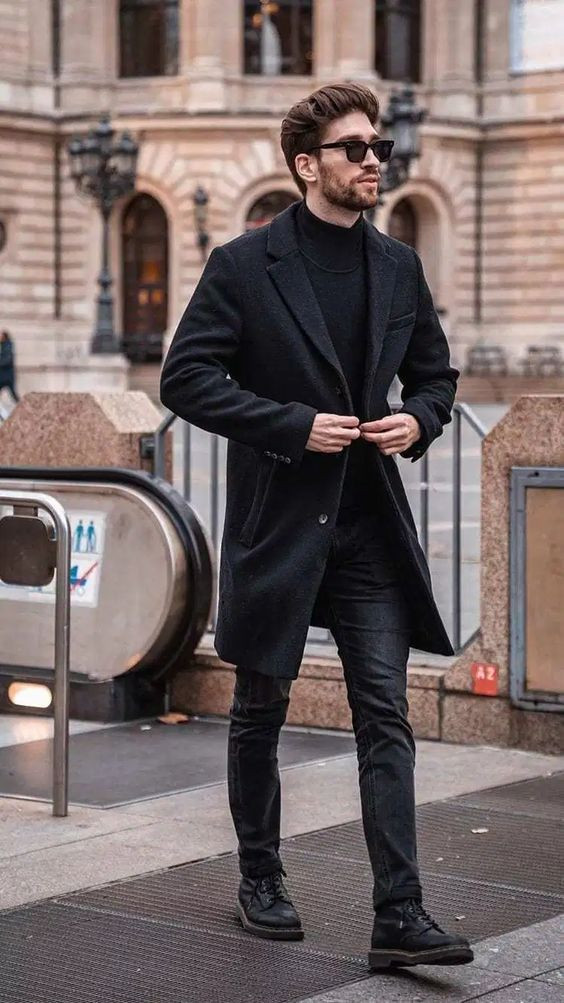 Black Wool Coat, Men's Suit Ideas With Black Leather Trouser, Black Outfit Man: 