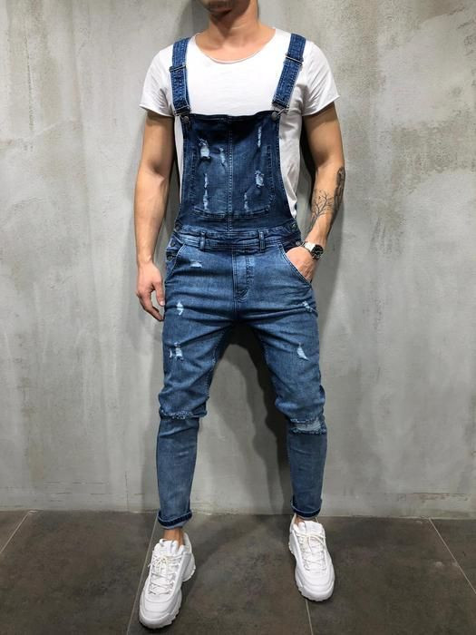 Men's Overall Outfits Ideas With White Trainer, Men's Jeans Romper: 