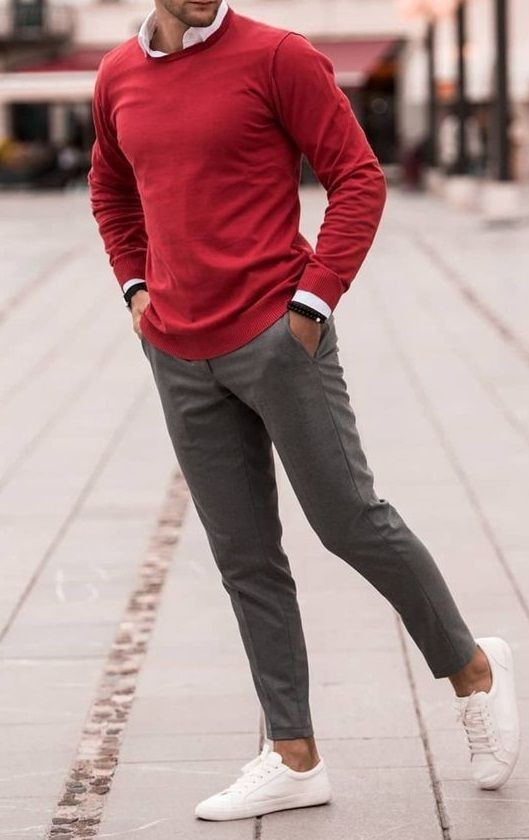 Red Sweater, Men's Winter Outfits With Grey Sweat Pant, Jeans