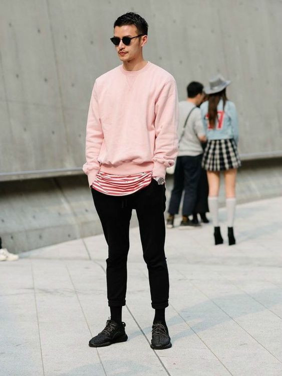 Pink Sweatshirt, Men's Pastel Wardrobe Ideas With Black Jeans, Style Pink outfit: 