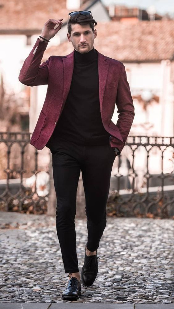 Purple And Violet Wool Coat, Turtleneck Ideas With Black Jeans, Christmas Party Outfit Men: 