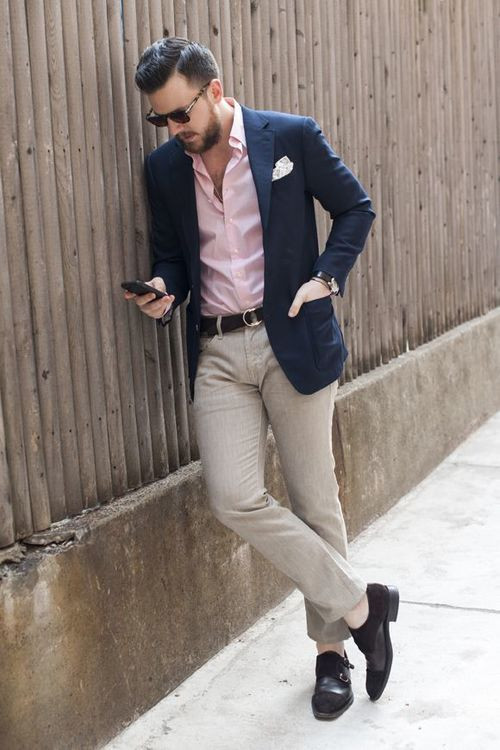 Dark Blue And Navy Suit Jackets Tuxedo, Blazer Outfits Ideas With Beige Formal Trouser, Men's Pink Shirt Combination: 