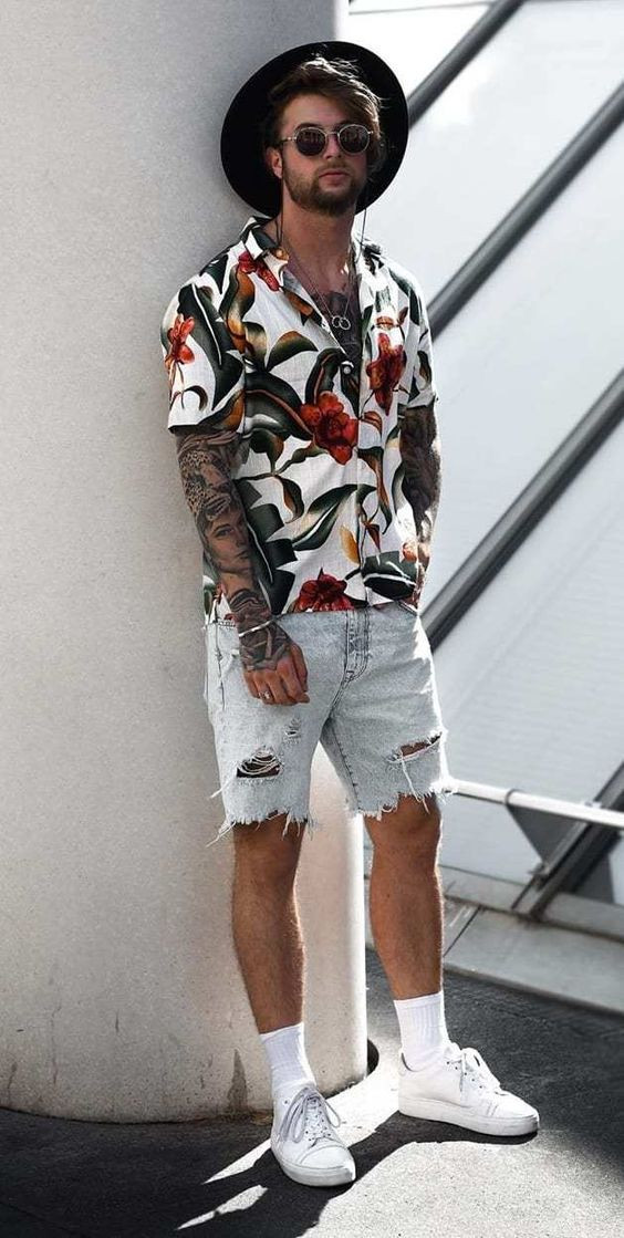 Grey Denim Short, Shorts Fashion Wear With Shirt, Denim Shorts Outfit Men: 