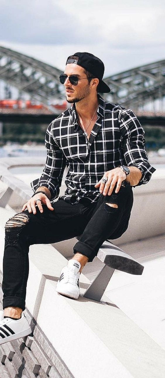 Shirt, Men Shirts Attires Ideas With Black Ripped Jeans, Street Style Casual Attire For Men: 