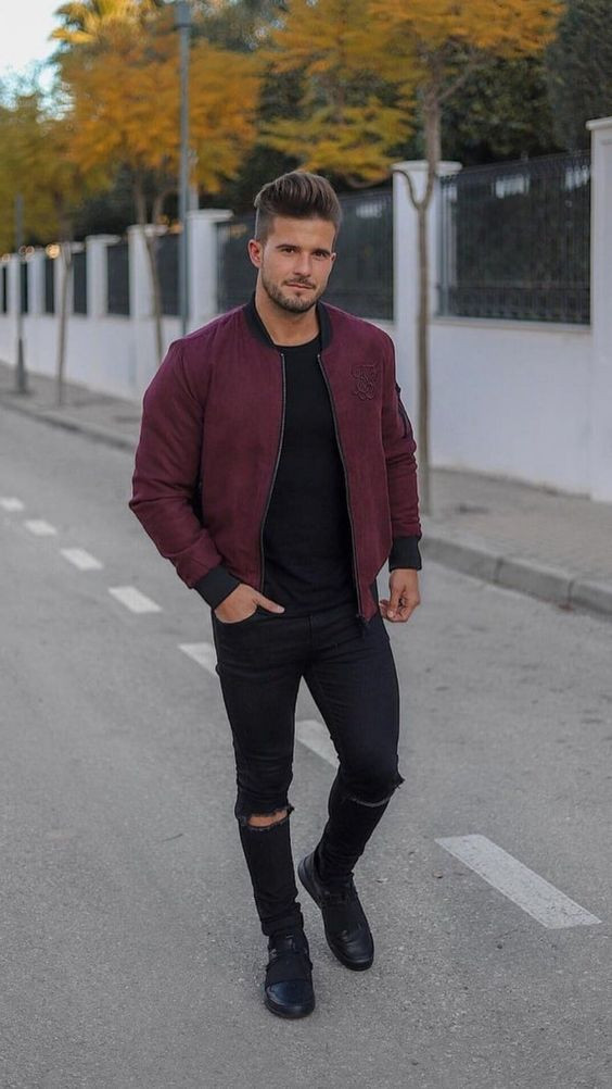 Black Casual Trouser, Stylish Outfit Designs With Purple And Violet Bomber  Jacket, Casual Maroon Jacket Outfit Men | Dress shirt, casual wear, flight  jacket, leather jacket, nike windrunner
