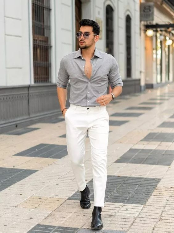 Grey Shirt, Formal Shirt Outfit Designs With White Casual Trouser, Grey Shirt Matching Pant: 
