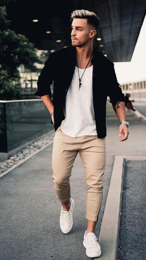 Beige Suit Trouser, Outfit Trends With Black Harrington Jacket, Men's Fashion: 