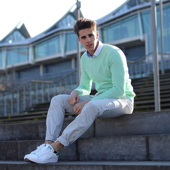 Turquoise Sweater, Men's Pastel Fashion Ideas With Grey Beach Pant, Stan  Smith Outfit Ideas Men