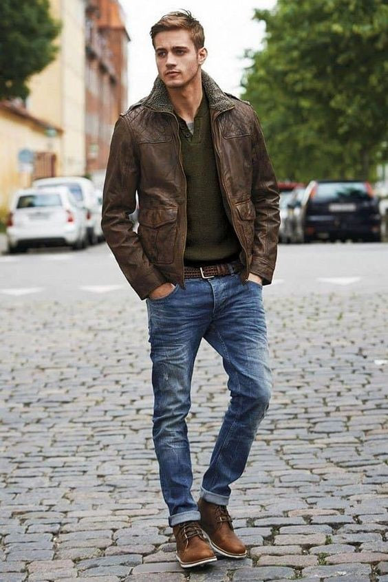 Brown Jacket, Camping Outfit Designs With Dark Blue And Navy Casual  Trouser, Mens Fall Outfits | Casual wear, men's clothing