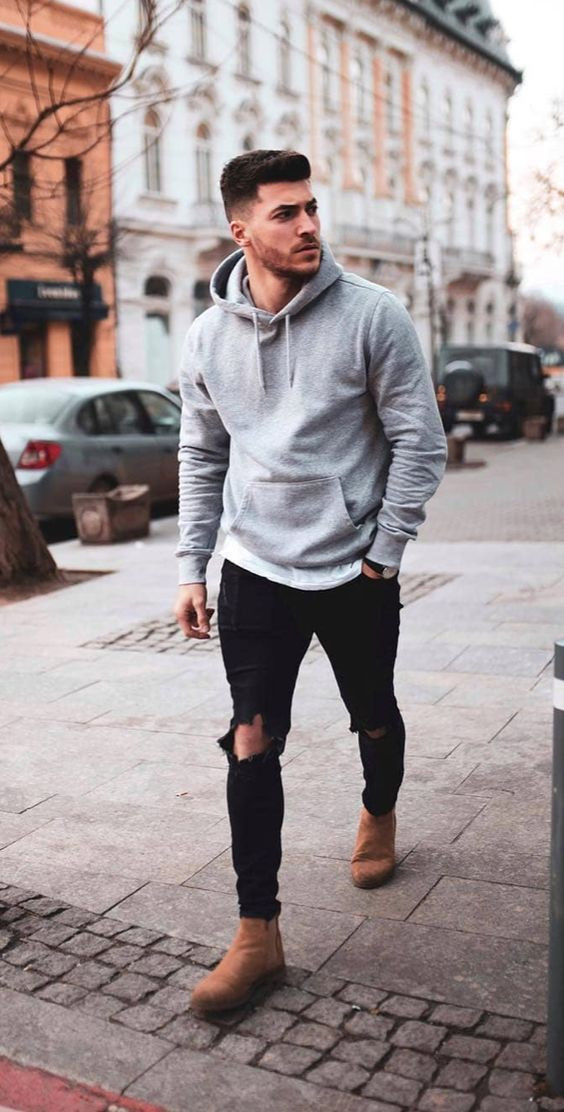 Black Jeans, Ripped Jeans Attires Ideas With Grey Hoody, Hoodie Outfit Men: 