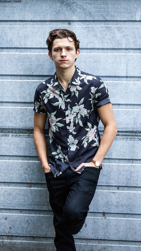 Dark Blue And Navy Shirt, Men Shirts Clothing Ideas With Dark Blue Jeans, Tom Holland Button Down: 
