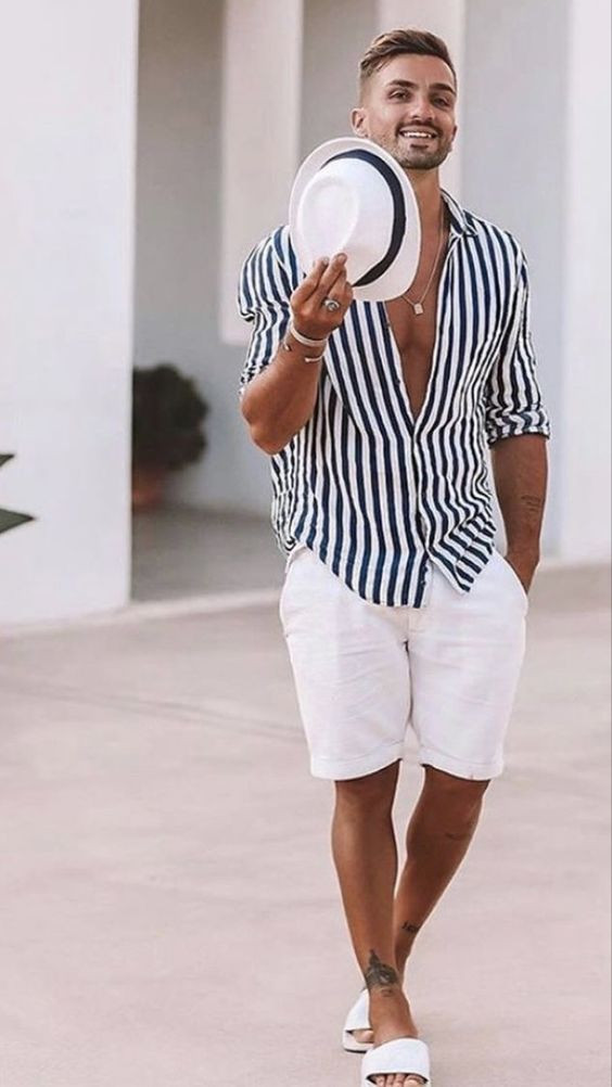 Shirt, Men Shirts Fashion Ideas With White Short, Stripe Beach Ootd Male: 