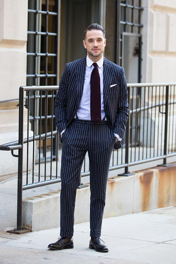 Navy blue Upper, Men's Suit Clothing Ideas With Formal Trouser, Pinstripe Suit Blue Shirt: 