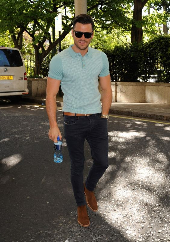 Light Blue Polo-shirt, Men's Pastel Fashion Trends With Black Casual Trouser, Jeans And Polo Shirt: 
