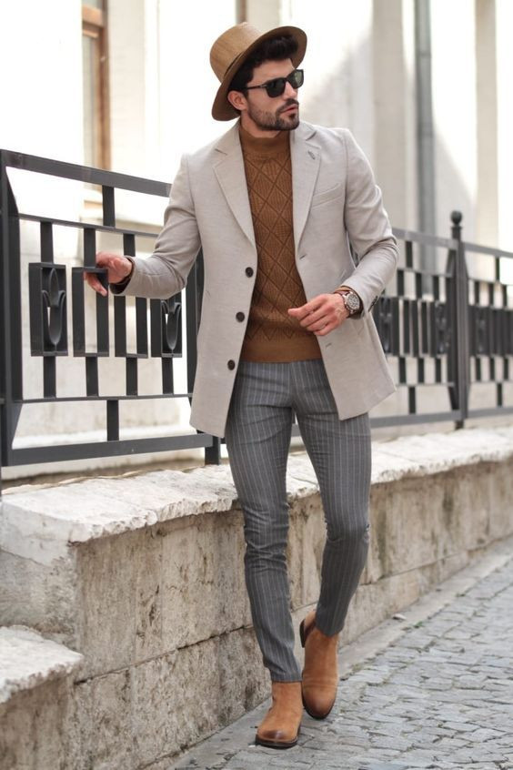 Beige Suit Jackets And Tuxedo, Chelsea Boots Fashion Trends With Grey Formal Trouser, Outfit Men Wool Coat: 