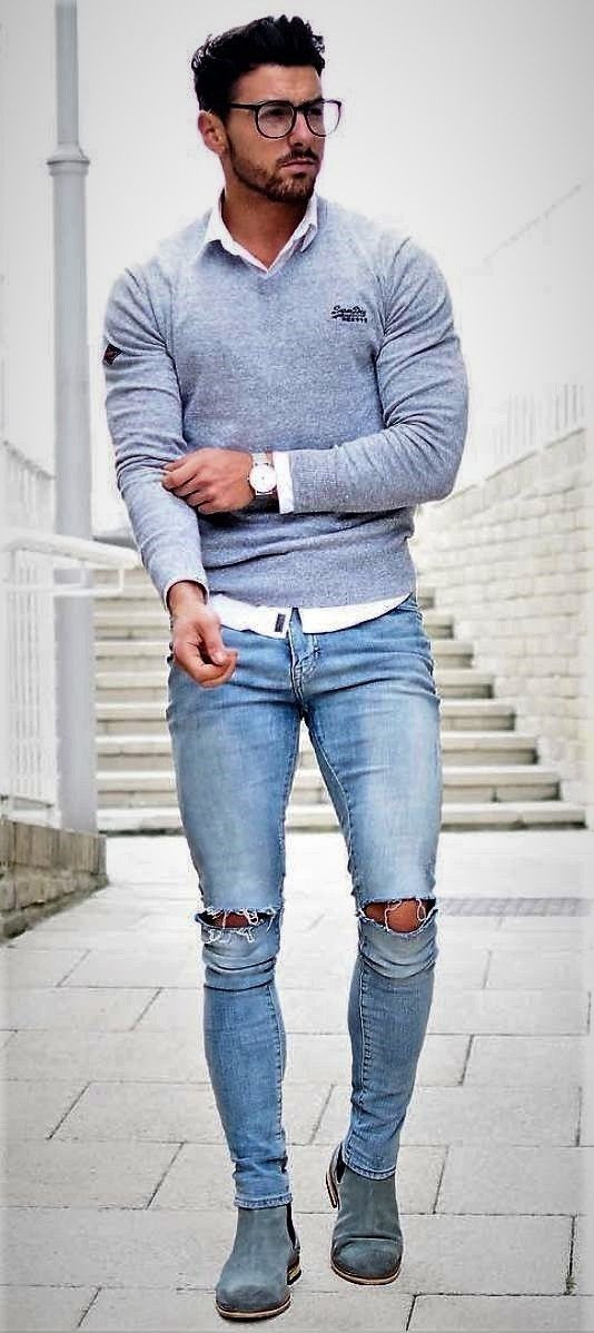 Light Blue Casual Trouser, Ripped Jeans Fashion Wear With Grey Sweater, Fancy Casual Outfit Men: 
