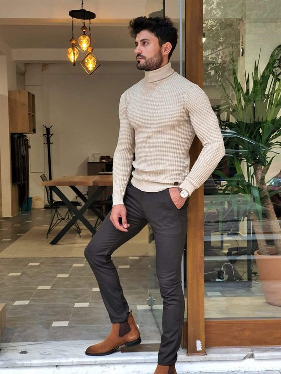 Beige Sweater, Turtleneck Outfit Trends With Grey Suit Trouser, Beige Turtleneck Men's Outfit: 