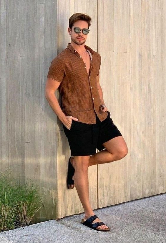 Black Jeans, Shorts Attires Ideas With Brown Shirt, Fashion Model: 