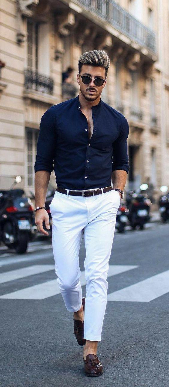 Dark Blue And Navy Denim Shirt, Men Shirts Attires Ideas With White Jeans, Navy Shirt White Chinos: 