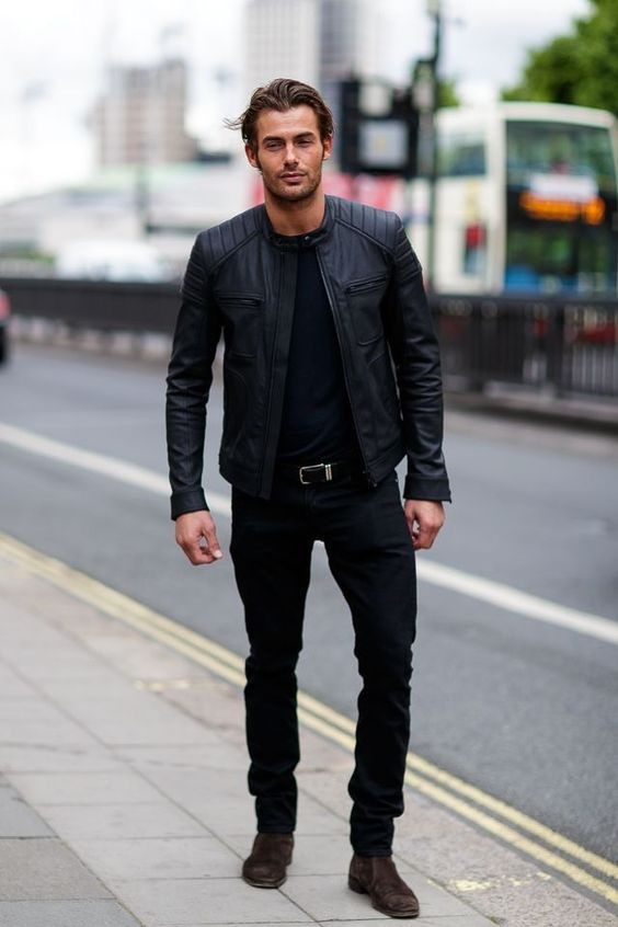 Black Jeans, Stylish Fashion Ideas With Black Racer Jacket, Leather Jacket Chelsea Boots Men Outfit: 