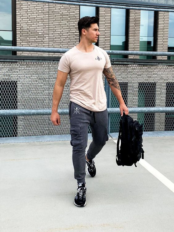 Grey Sweat Pant, Men's Joggers Fashion Wear With Beige T-shirt, Jeans ...