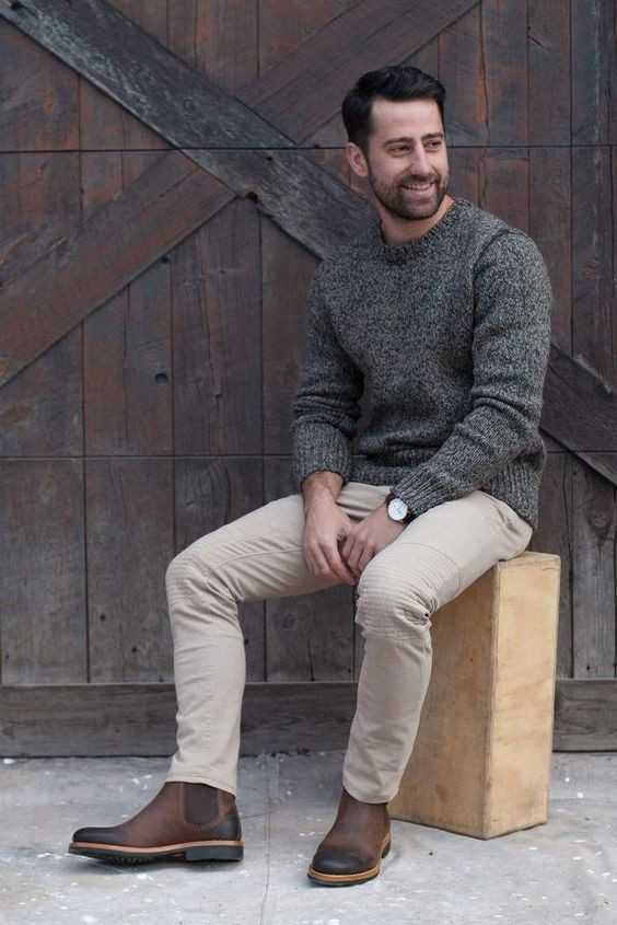 Grey Sweater, Men's Winter Wardrobe Ideas With Khaki Jeans, Chelsea Boots Homme Style: 