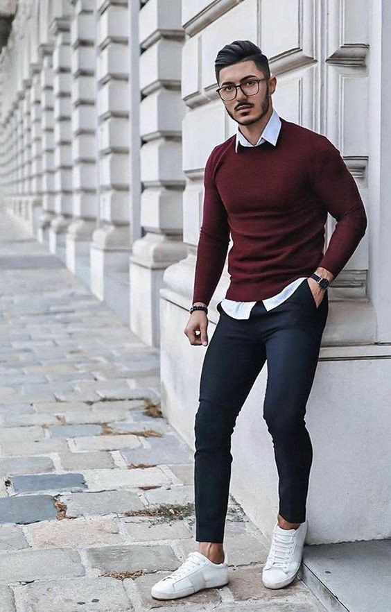 Black Casual Trouser, Outfit Designs With Brown Sweater, Maroon Sweater Outfit Men: 
